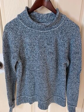 LL Bean Signature Blue Marled Cotton Ragg Sweater, Funnelneck Pullover, Medium.
